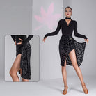 Black burnout velvet wrap Latin dance skirt for salsa practice, front view