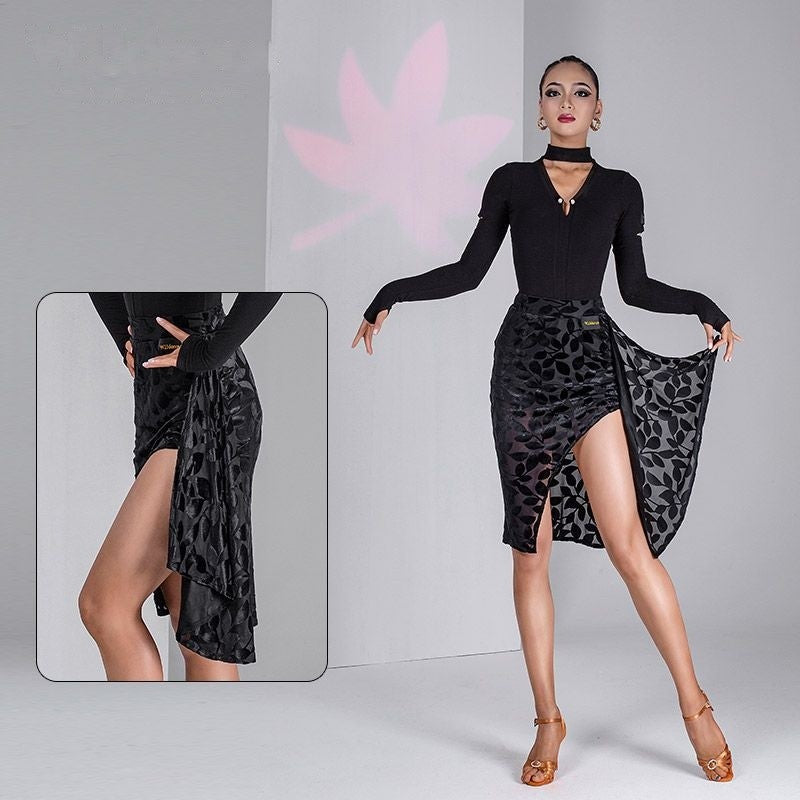 Black burnout velvet wrap Latin dance skirt for salsa practice, front view