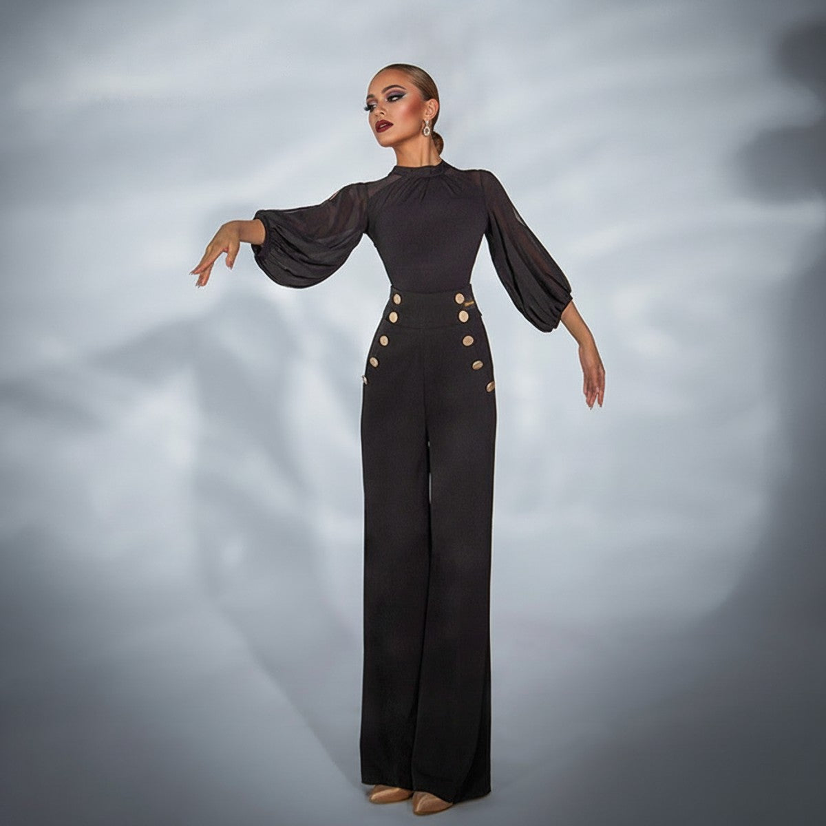 Black mesh lantern sleeve ballroom dance leotard for ballroom practice, front view