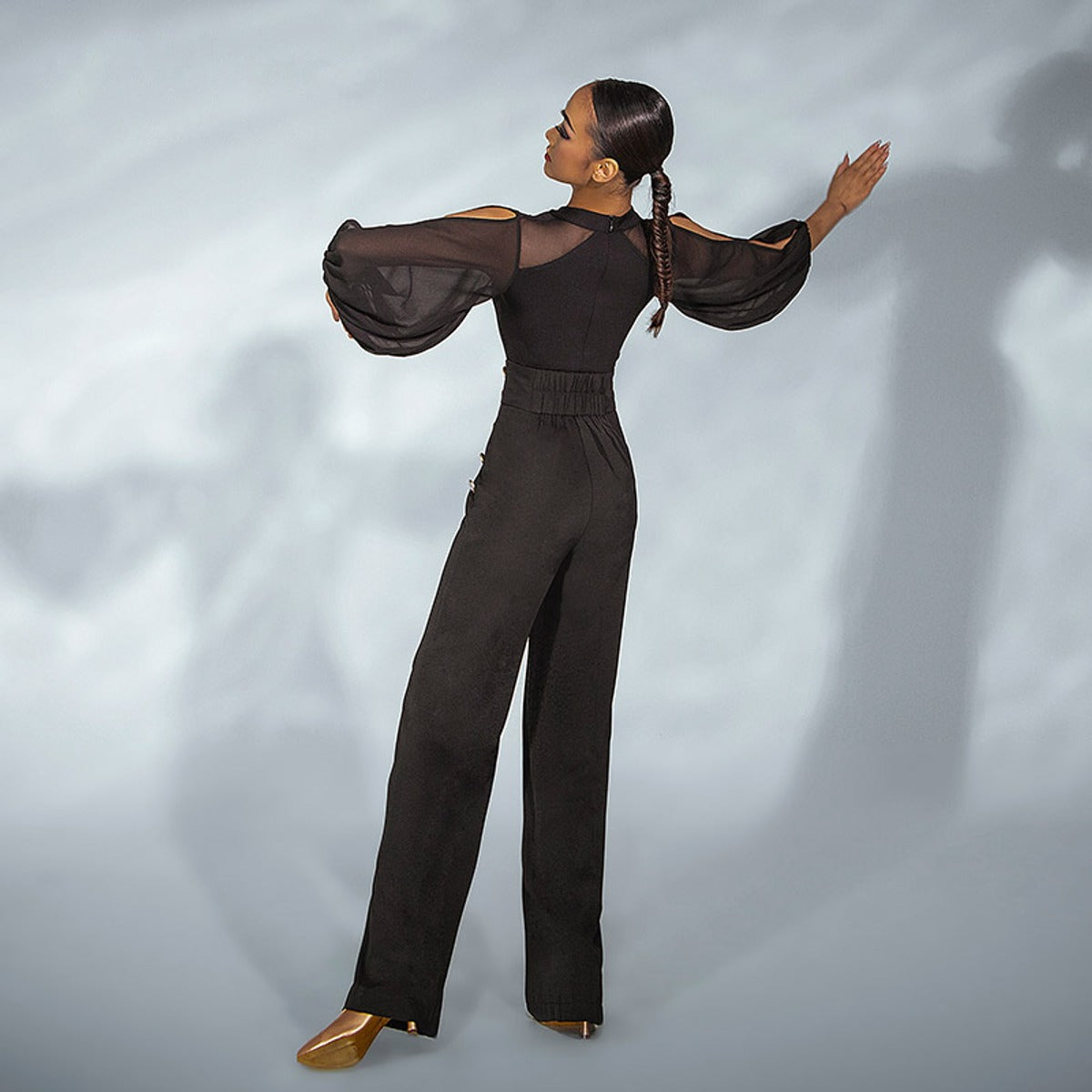 Black mesh lantern sleeve dance bodysuit, back view