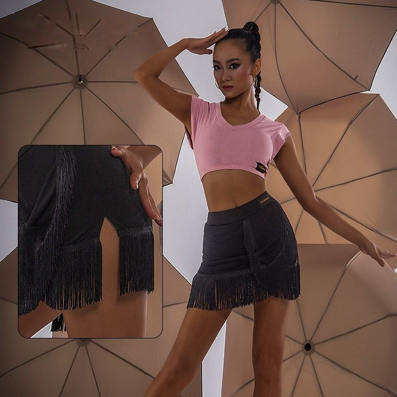 Black curved fringe mini Latin dance skirt for salsa practice, front view