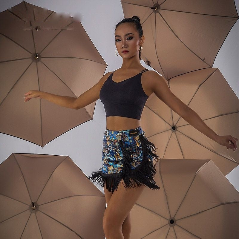 Blue Paisley curved fringe mini Latin dance skirt, front view