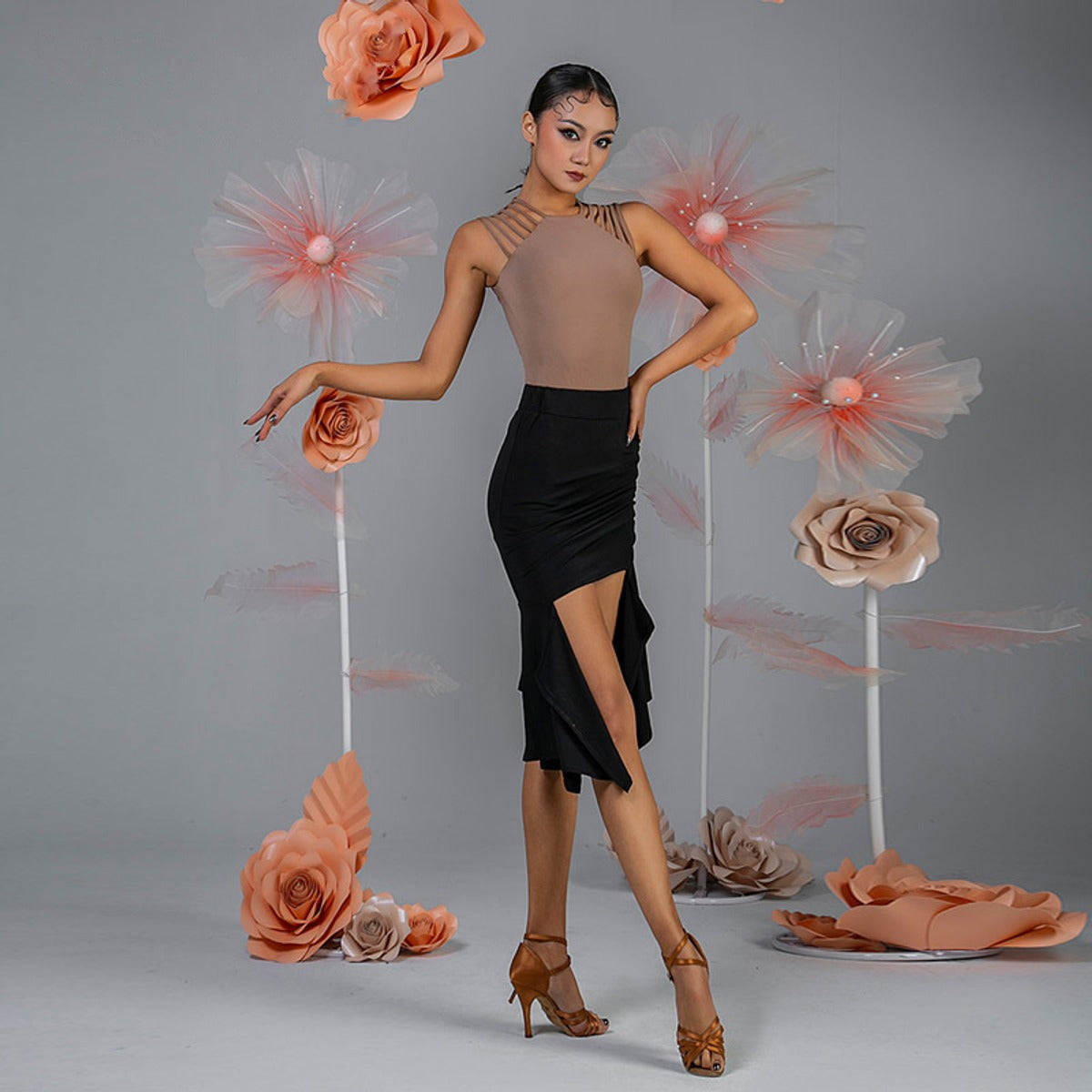 Nude strappy shoulder sleeveless dance bodysuit, front view
