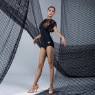 Black lace drop shoulder ballroom dance leotard for ballroom practice, front view