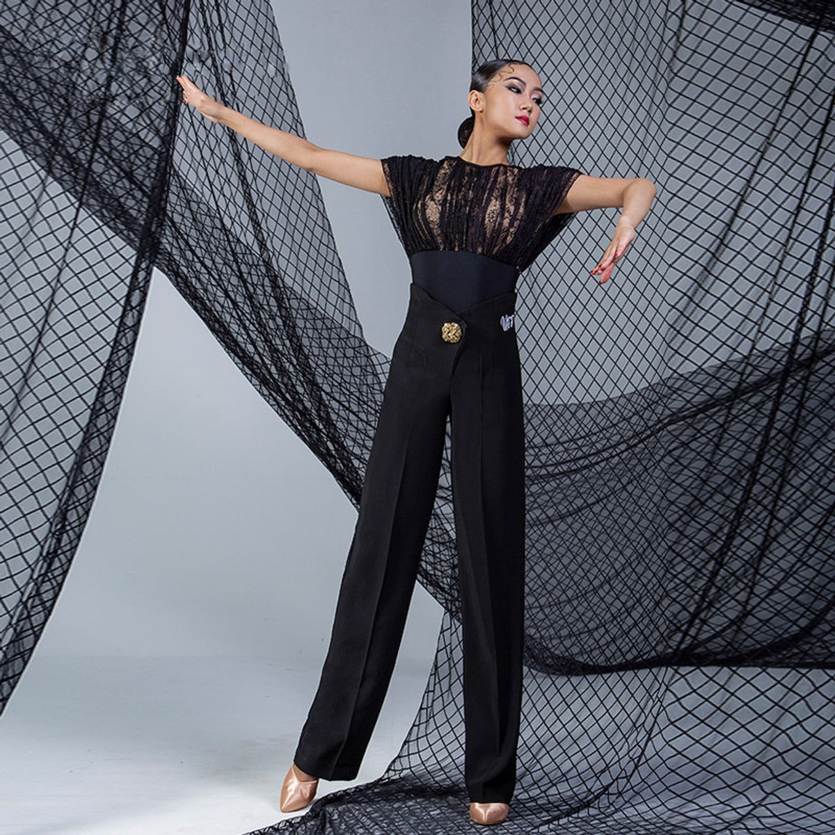 Black lace drop shoulder dance bodysuit, front view
