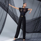 Black lace drop shoulder dance bodysuit, front view