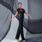 Black lace drop shoulder dance bodysuit, side view