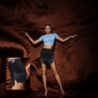 Black paneled fringe mini Latin dance skirt for salsa practice, front view