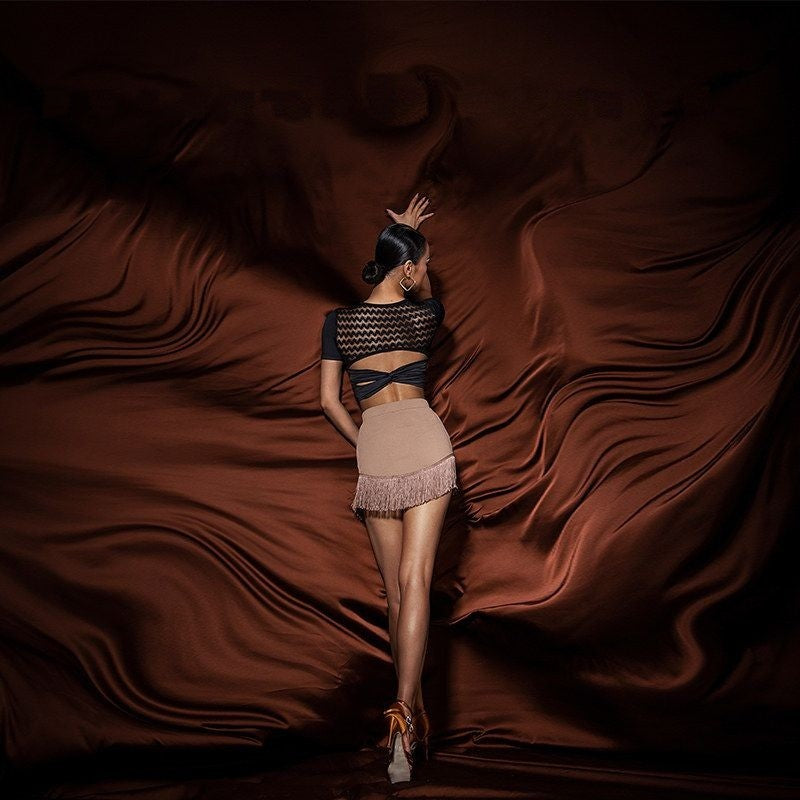 Apricot paneled fringe mini Latin dance skirt, back view