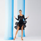 Black velvet fishbone flounce Latin dance skirt, front view