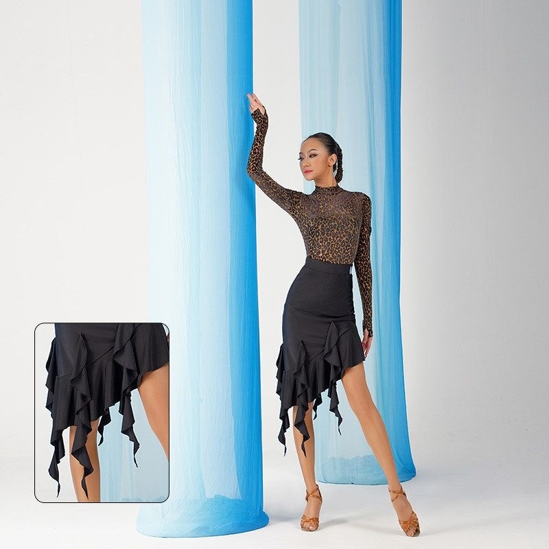 Black streamer ruffle Latin dance skirt for salsa practice, front view