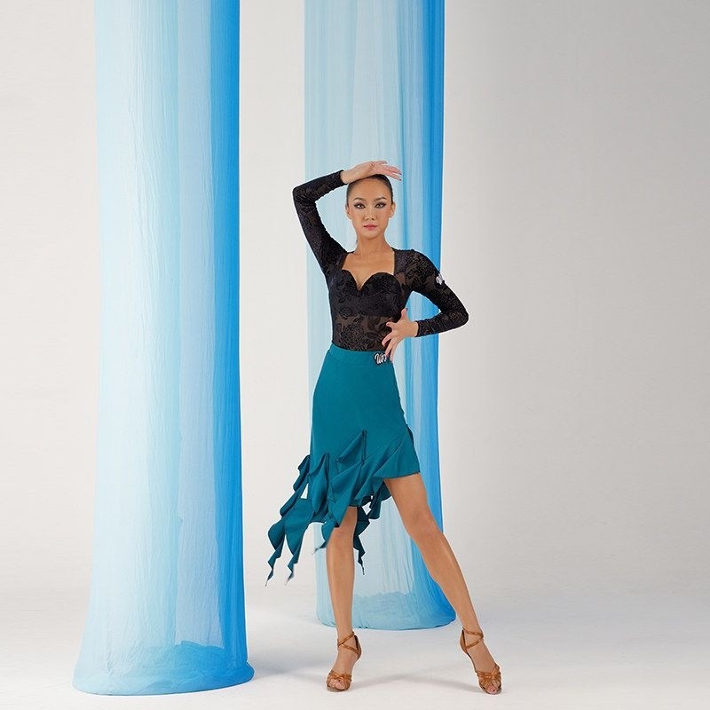 Turquoise streamer ruffle Latin dance skirt, front view