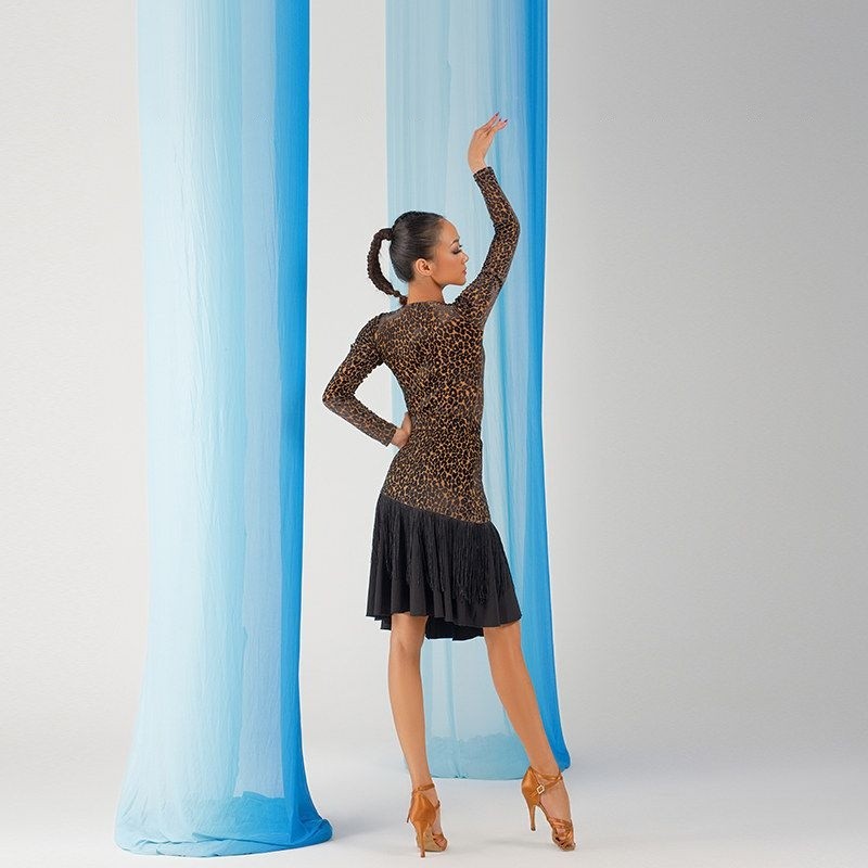 Leopard fringe ruffle Latin dance skirt, back view