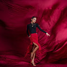 Red ruched high low ruffle Latin dance skirt for salsa practice, side view