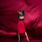 Red ruched high low ruffle Latin dance skirt, back view