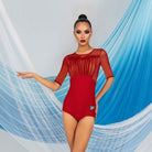 Red ruched mesh half sleeve Latin dance leotard for Latin practice, front view