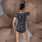 Black Floral puff sleeve dance bodysuit, back view