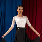 White lace yoke half sleeve dance bodysuit, front view