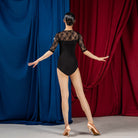 Black lace yoke half sleeve dance bodysuit, back view