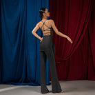 Black rhinestone strappy back cami dance bodysuit, back view