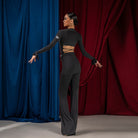 Black rhinestone strappy back cami dance bodysuit, back view, alternate pose