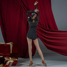 Black burnout velvet layered mock neck dance bodysuit, back view