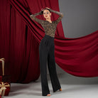 Leopard burnout velvet twist V neck dance bodysuit, front view
