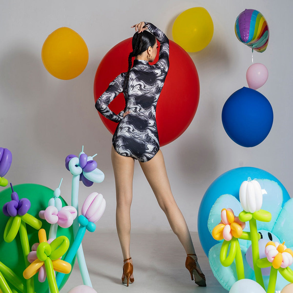 Black & White marble print mandarin collar dance bodysuit, back view