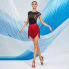 Red sparkle draped fringe Latin dance skirt for salsa practice, front view