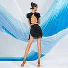 Black sparkle draped fringe Latin dance skirt, back view
