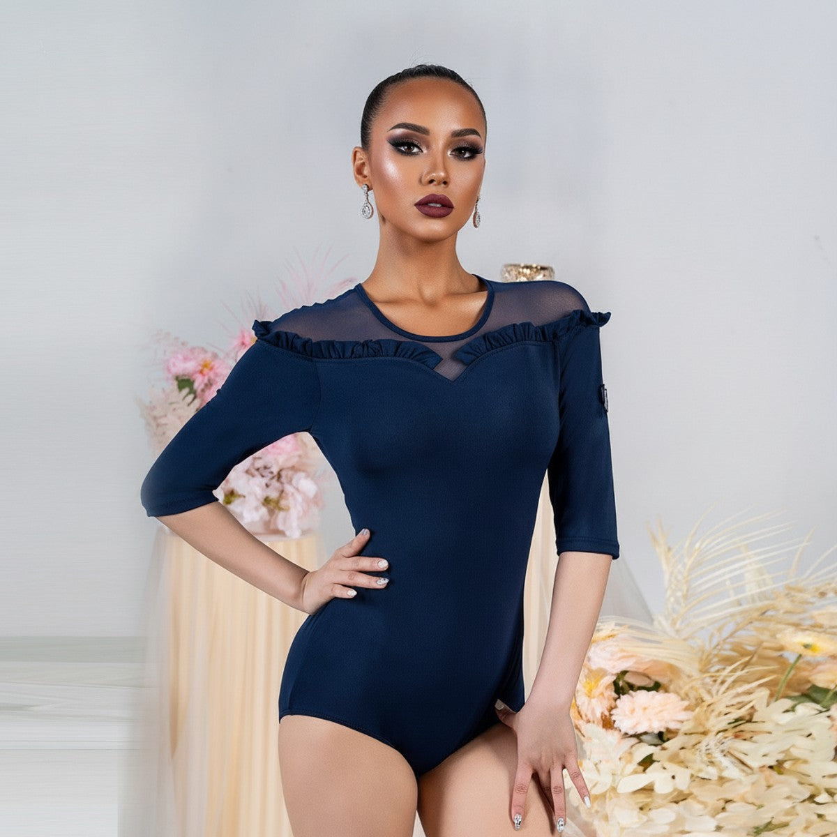Navy ruffle trim mesh yoke ballroom dance leotard for ballroom practice, front view