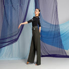 Black ruffle trim mesh yoke dance bodysuit, side view