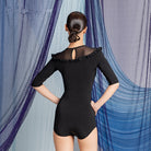 Black ruffle trim mesh yoke dance bodysuit, back view