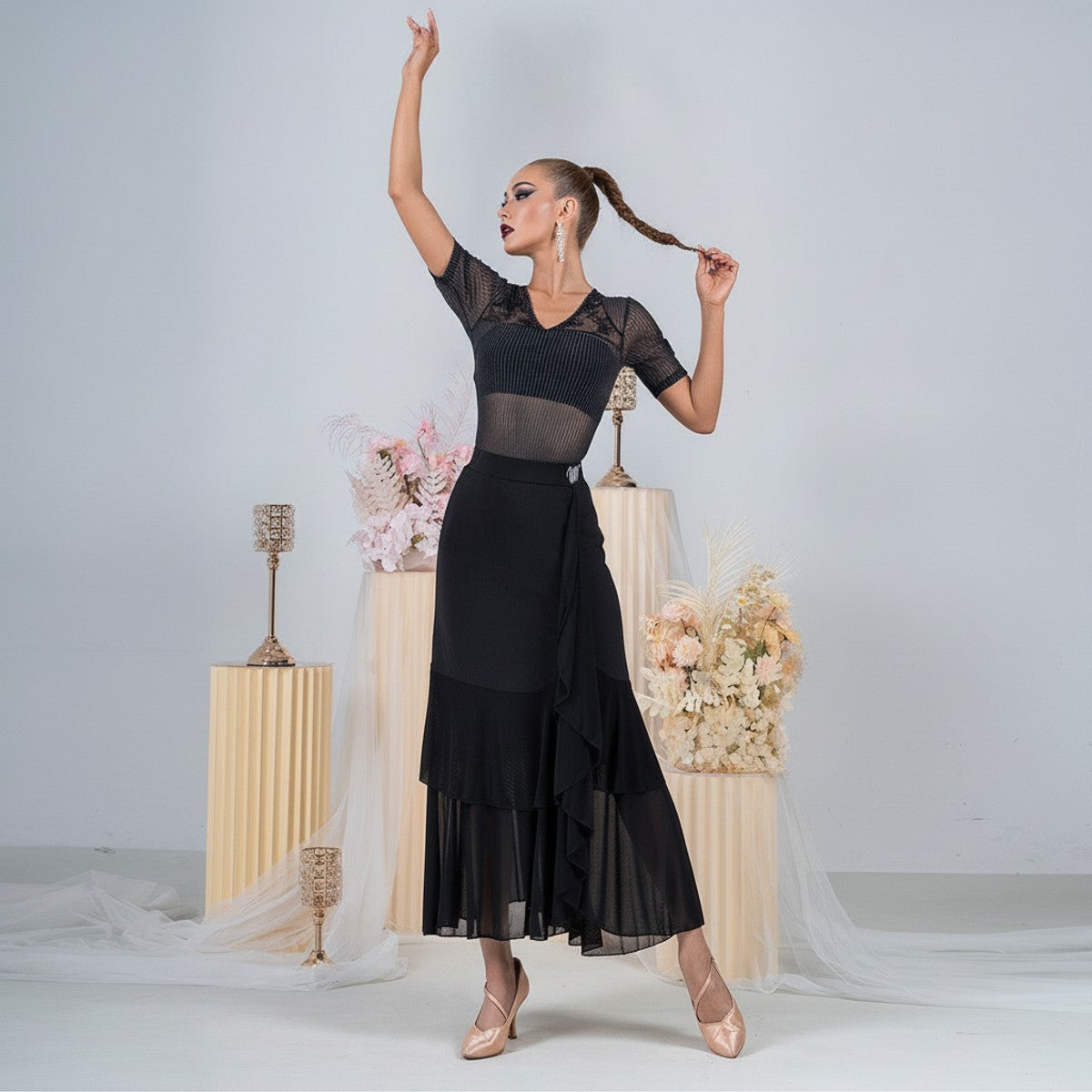 Black sheer striped mesh ballroom dance leotard for ballroom practice, front view