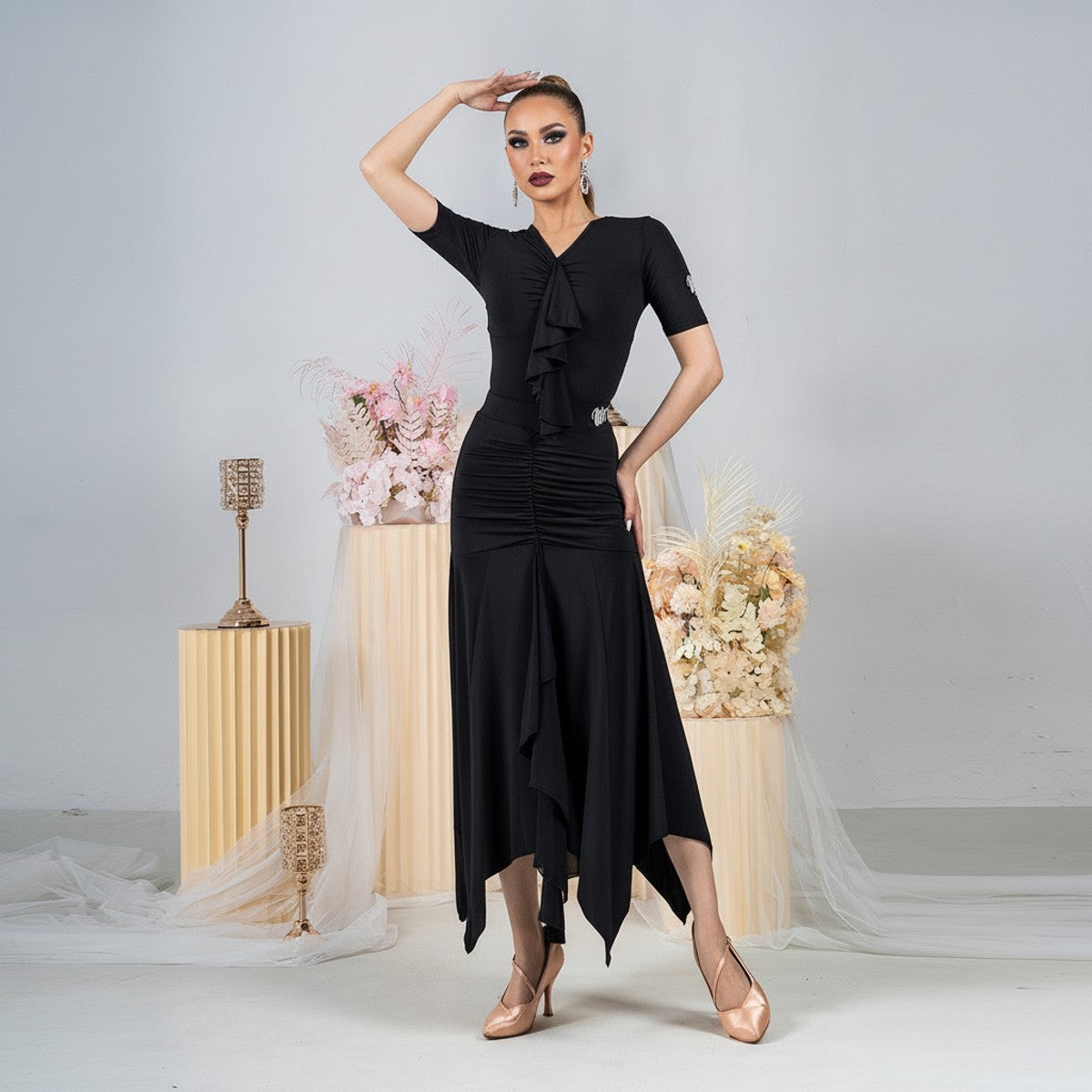Black cascade ruffle V neck ballroom dance leotard for ballroom practice, front view