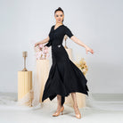 Black cascade ruffle V neck dance bodysuit, side view