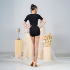 Black cascade ruffle V neck dance bodysuit, back view
