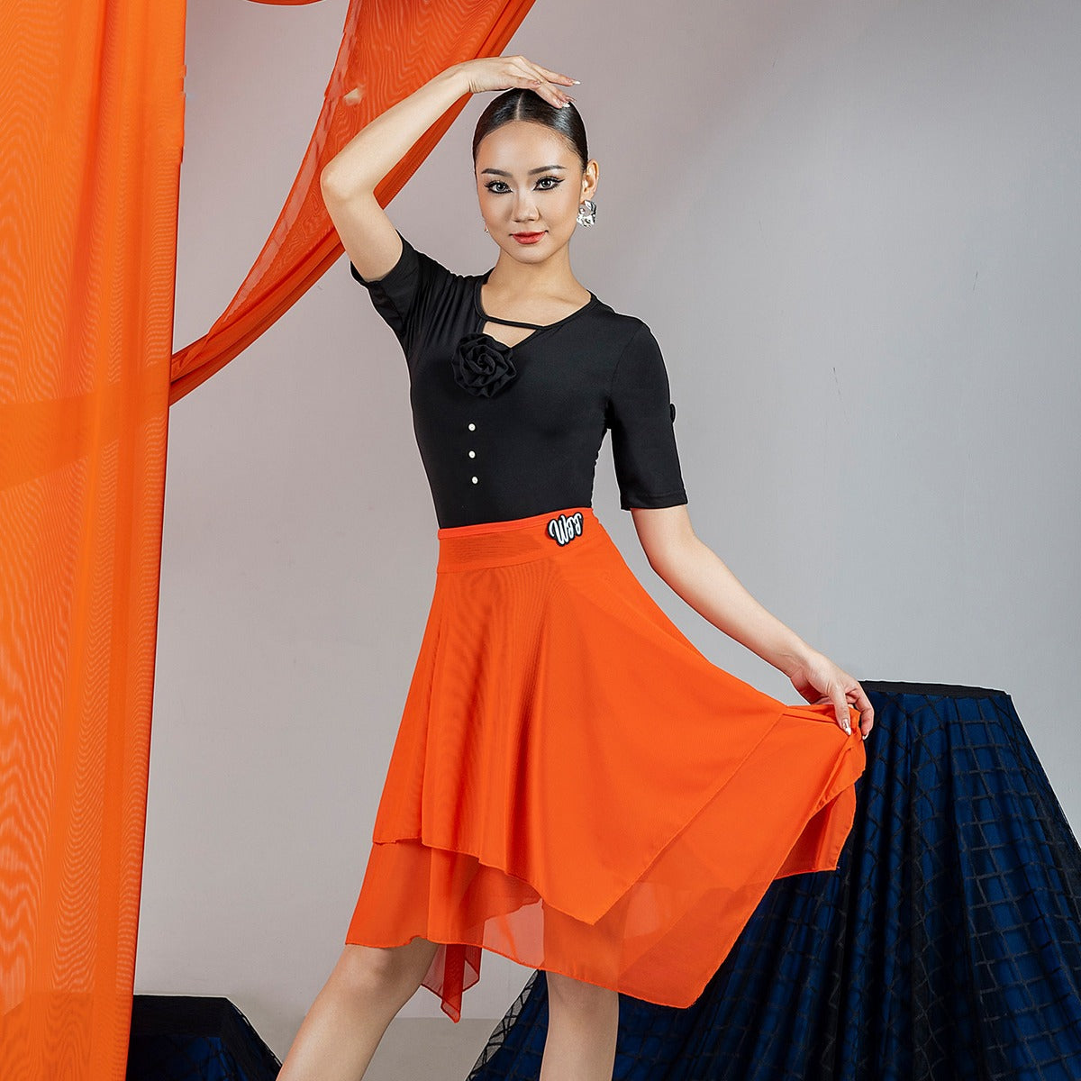 Black rosette keyhole short sleeve dance bodysuit, front view