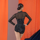 Black velvet mandarin collar dance bodysuit, back view