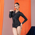 Black Floral velvet lace V neck ballroom dance leotard for ballroom practice, front view