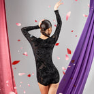 Black sheer burnout velvet frog button dance bodysuit, back view