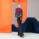 Purple mock neck ruched bust long sleeve dance bodysuit, front view