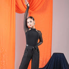 Black mesh ruffle cuff mock neck dance bodysuit, front view