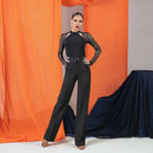 Black mesh ruffle cuff mock neck Latin dance leotard for Latin practice, front view