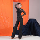 Black mesh ruffle cuff mock neck dance bodysuit, front view, alternate pose