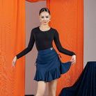 Black scoop neck long sleeve Latin practice leotard dance bodysuit, front view