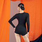 Black scoop neck long sleeve Latin practice leotard dance bodysuit, back view