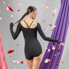 Black strappy neckline long sleeve dance bodysuit, back view