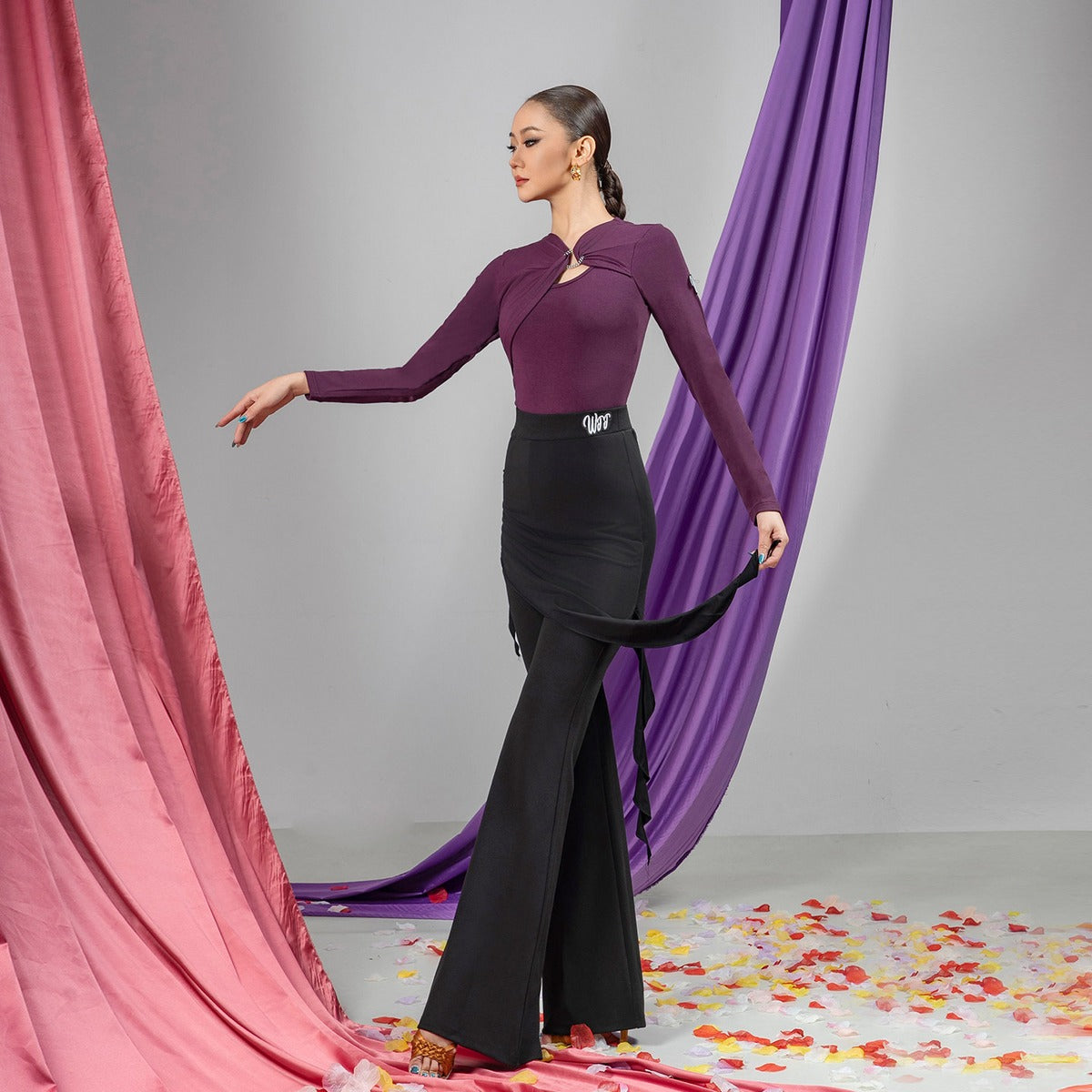 Purple rhinestone ring draped neck dance bodysuit, side view