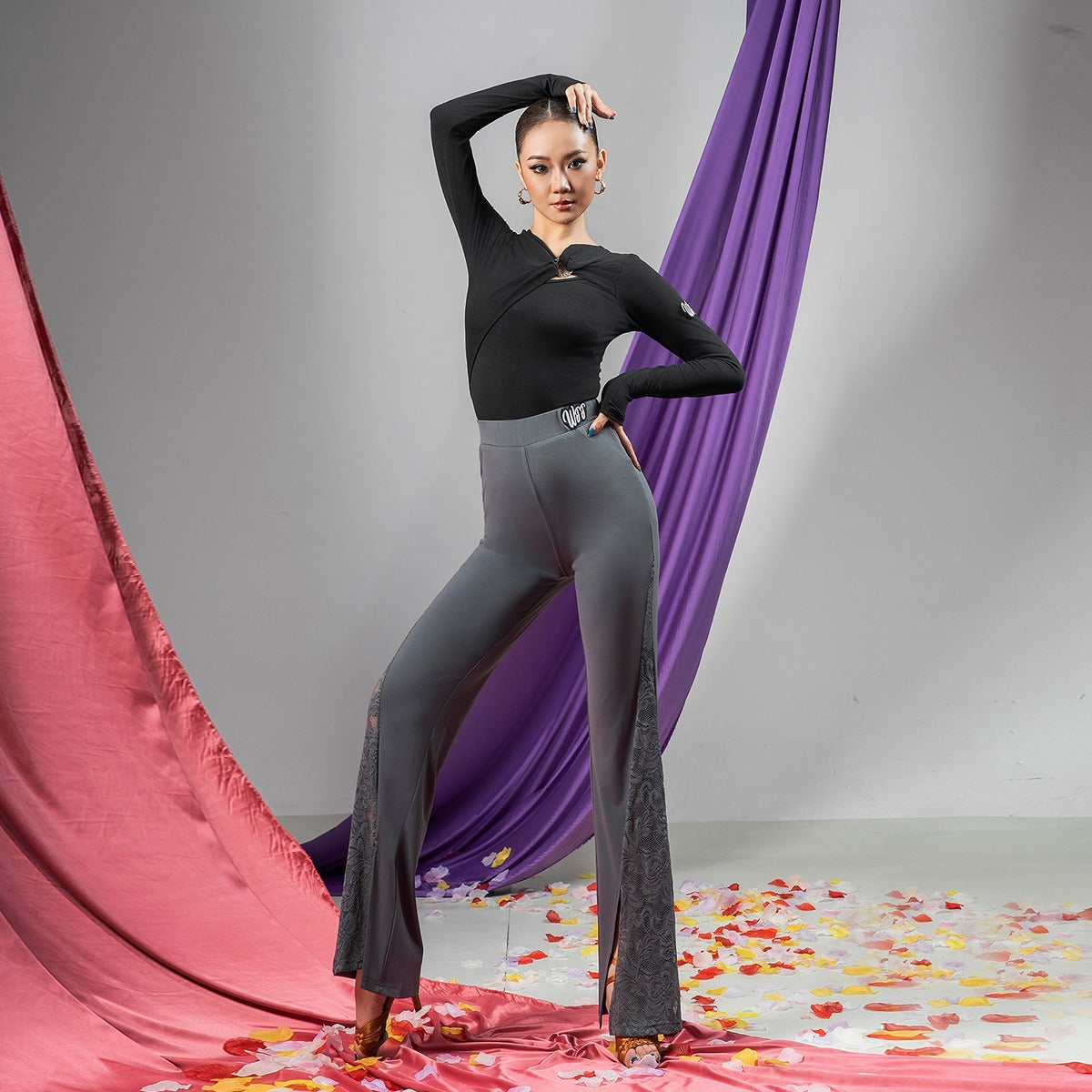 Black rhinestone ring draped neck dance bodysuit, front view
